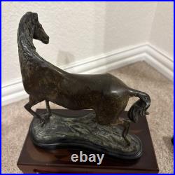 Vintage Bronze Horse Sculpture Statue on Wood Base Equestrian Deco