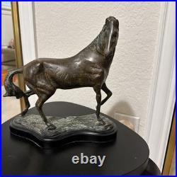 Vintage Bronze Horse Sculpture Statue on Wood Base Equestrian Deco