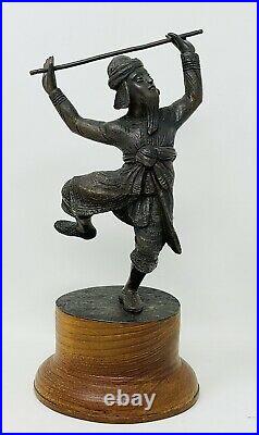 Vintage Bronze Japanese Asian Samurai Fighter Sculpture On Wood Base 8 Tall