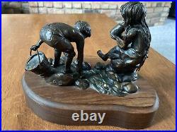 Vintage Bronze Sculpture Catchin Minnows 1987 Pamela Harr 9/50 with Wood Base