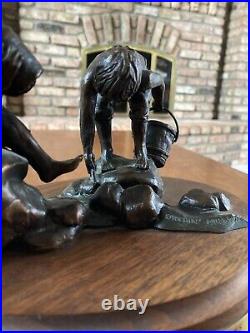 Vintage Bronze Sculpture Catchin Minnows 1987 Pamela Harr 9/50 with Wood Base