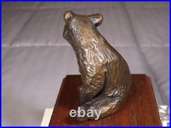 Vintage Bronze Sitting Bear Sculpture On Solid Wood Base 3/100 Signed