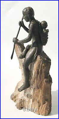 Vintage Bronze on Petrified Wood Sculpture of Native Woman with Spear & Papoose
