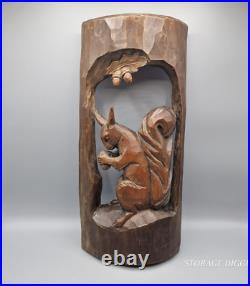 Vintage Brown Wooden Hand Carved Sculpture Squirrel with Acorn 18 Tall