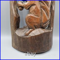 Vintage Brown Wooden Hand Carved Sculpture Squirrel with Acorn 18 Tall