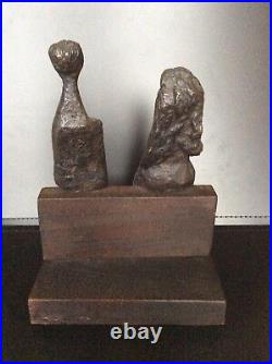Vintage Brutalist Bronze & Wood Modernist Sculpture Signed HC