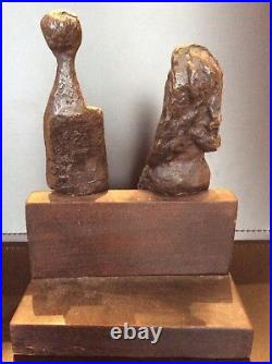 Vintage Brutalist Bronze & Wood Modernist Sculpture Signed HC