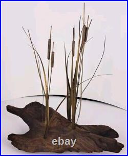 Vintage Brutalist Curtis Jere Style Metal Cattails Sculpture on Wood 15x13x5