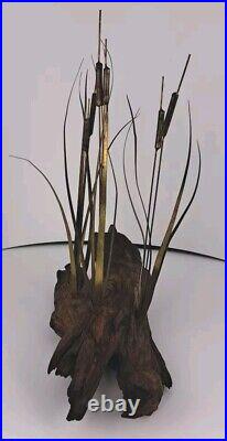 Vintage Brutalist Curtis Jere Style Metal Cattails Sculpture on Wood 15x13x5