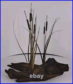 Vintage Brutalist Curtis Jere Style Metal Cattails Sculpture on Wood 15x13x5