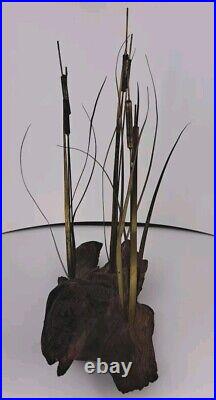 Vintage Brutalist Curtis Jere Style Metal Cattails Sculpture on Wood 15x13x5