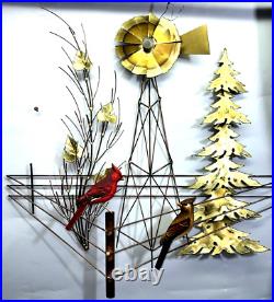 Vintage Brutalist Curtis Jere Style Metal NATURE Sculpture withwood Birds 30x28