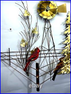 Vintage Brutalist Curtis Jere Style Metal NATURE Sculpture withwood Birds 30x28