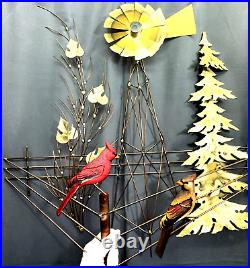 Vintage Brutalist Curtis Jere Style Metal NATURE Sculpture withwood Birds 30x28