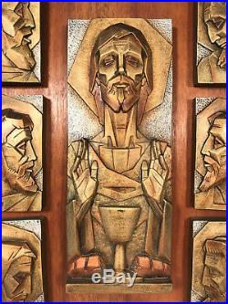 Vintage Brutalist Wall art Sculpture MCM Deco Jesus Apostles Spain Gold & wood