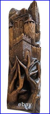 Vintage CF Signed Black Forest Hand Carved Wood Castle Sculpture Wall Plaque 22