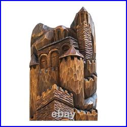 Vintage CF Signed Black Forest Hand Carved Wood Castle Sculpture Wall Plaque 22