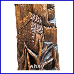 Vintage CF Signed Black Forest Hand Carved Wood Castle Sculpture Wall Plaque 22
