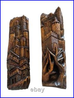 Vintage CF Signed Black Forest Hand Carved Wood Castle Sculpture Wall Plaque 22