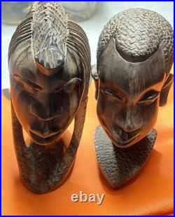 Vintage Carved African Tribal Woman & Man Head Bust Statue Ebony Wood Sculpture