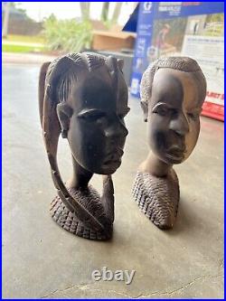 Vintage Carved African Tribal Woman & Man Head Bust Statue Ebony Wood Sculpture