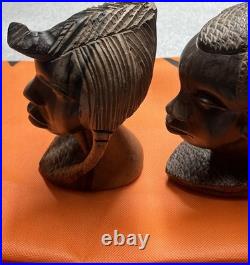 Vintage Carved African Tribal Woman & Man Head Bust Statue Ebony Wood Sculpture