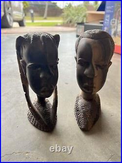 Vintage Carved African Tribal Woman & Man Head Bust Statue Ebony Wood Sculpture