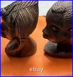 Vintage Carved African Tribal Woman & Man Head Bust Statue Ebony Wood Sculpture