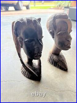 Vintage Carved African Tribal Woman & Man Head Bust Statue Ebony Wood Sculpture