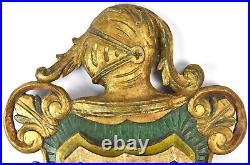 Vintage Carved Gilt Wood Heraldic Coat of Arms Knight in Armor Towers Lions