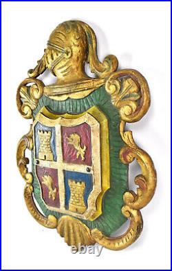 Vintage Carved Gilt Wood Heraldic Coat of Arms Knight in Armor Towers Lions