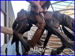Vintage Carved J. Pinal Wood art Sculpture Spanish Conquistador & horse 17 h 16