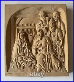 Vintage Carved Nativity Scene Solid One Piece Wood Sculpture Relief