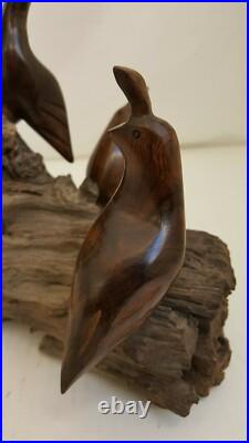 Vintage Carved Polished Wood Birds Sculpture Natural Wood 14.5 Heavy 5 Lbs