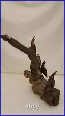 Vintage Carved Polished Wood Birds Sculpture Natural Wood 14.5 Heavy 5 Lbs