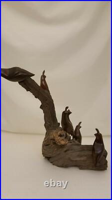 Vintage Carved Polished Wood Birds Sculpture Natural Wood 14.5 Heavy 5 Lbs