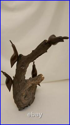 Vintage Carved Polished Wood Birds Sculpture Natural Wood 14.5 Heavy 5 Lbs