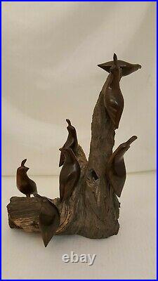 Vintage Carved Polished Wood Birds Sculpture Natural Wood 14.5 Heavy 5 Lbs