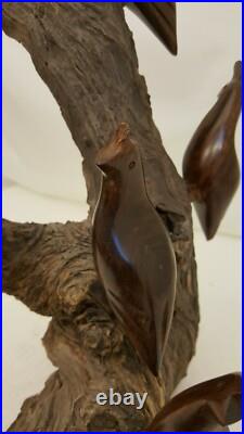 Vintage Carved Polished Wood Birds Sculpture Natural Wood 14.5 Heavy 5 Lbs