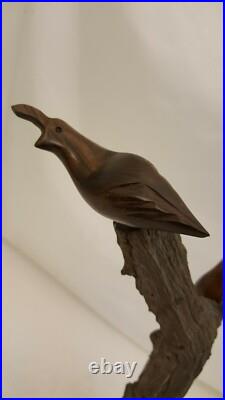 Vintage Carved Polished Wood Birds Sculpture Natural Wood 14.5 Heavy 5 Lbs