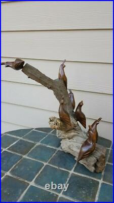 Vintage Carved Polished Wood Birds Sculpture Natural Wood 14.5 Heavy 5 Lbs
