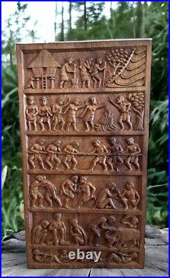 Vintage Carved Story Board Wooden Relief Panel Tribal 3 Ft Tall + Free Shipping