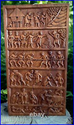 Vintage Carved Story Board Wooden Relief Panel Tribal 3 Ft Tall + Free Shipping