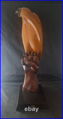 Vintage Carved Wood Eagle Falcon on Fisted Hand Sculpture Brass Bronze Detail #d