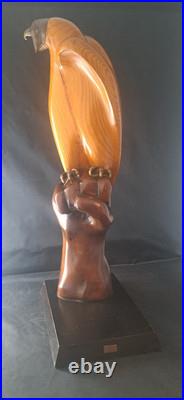 Vintage Carved Wood Eagle Falcon on Fisted Hand Sculpture Brass Bronze Detail #d