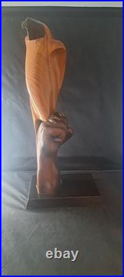 Vintage Carved Wood Eagle Falcon on Fisted Hand Sculpture Brass Bronze Detail #d