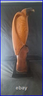 Vintage Carved Wood Eagle Falcon on Fisted Hand Sculpture Brass Bronze Detail #d