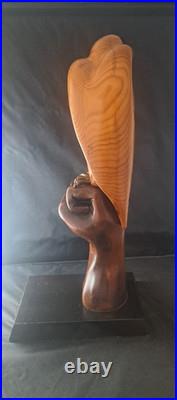 Vintage Carved Wood Eagle Falcon on Fisted Hand Sculpture Brass Bronze Detail #d