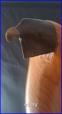 Vintage Carved Wood Eagle Falcon on Fisted Hand Sculpture Brass Bronze Detail #d