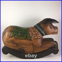 Vintage Carved Wood Exotic Primitive Rocking Horse Pig Ethnic Green Folk Art
